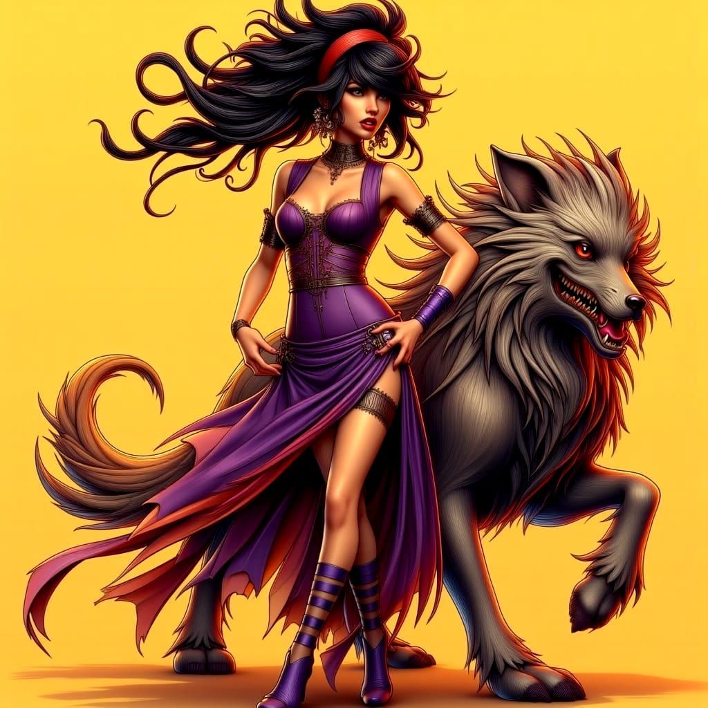 Art Nouveau Punk Woman with Wild Hair