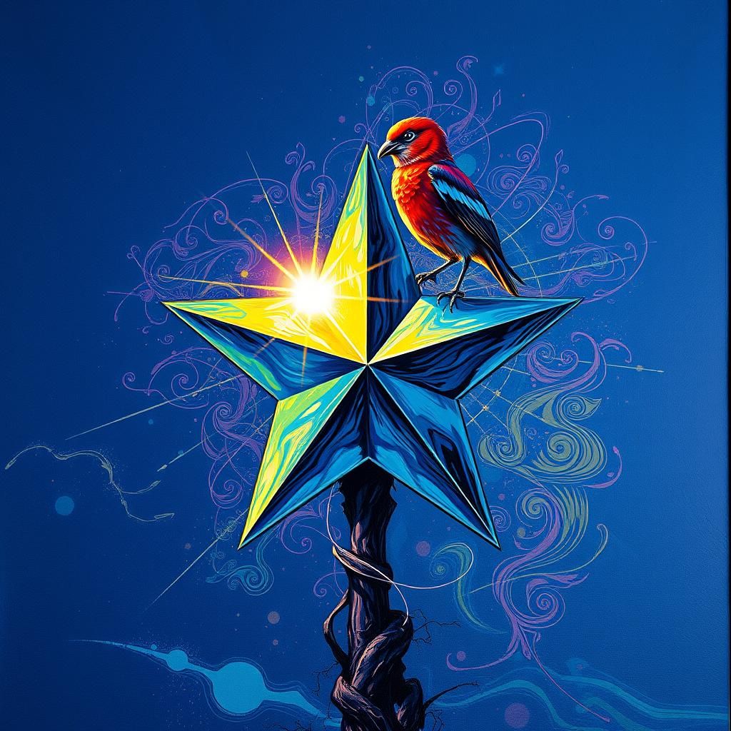 Iridescent Star with Bird in Street Art Style