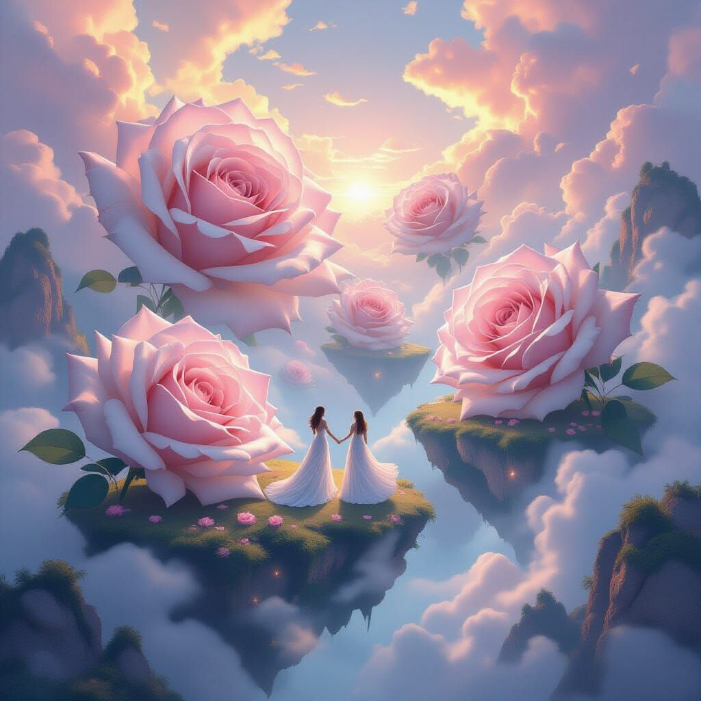 Giant Luminous Roses on Floating Islands with Ethereal Dance...