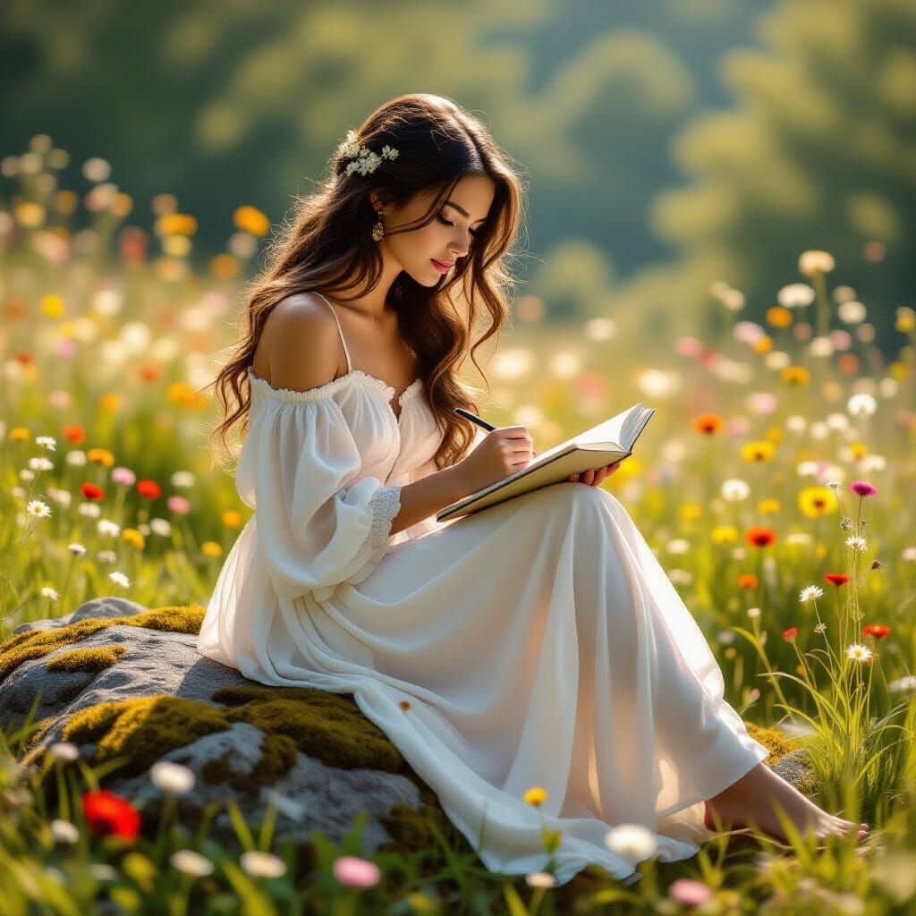 Woman Sketching in Surrealist Meadow as Oil Painting