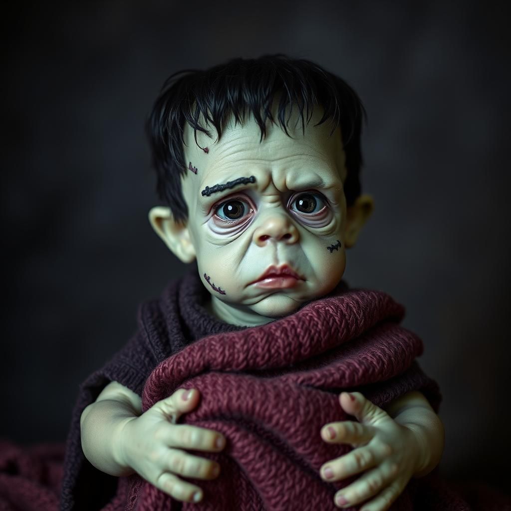 Scary Baby Frankenstein Holding a Blanket