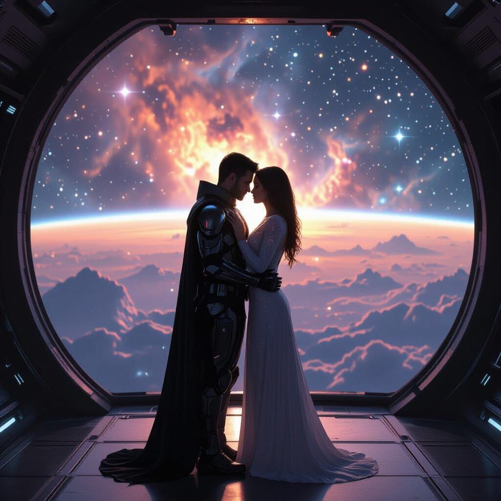 Lovers' Embrace Aboard Spaceship Orbiting Nebula