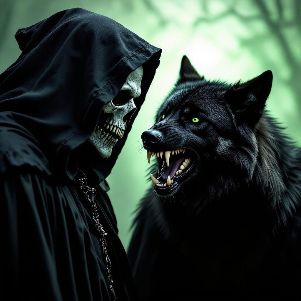 Grim Reaper and Black Wolf in Photorealistic Close-Up