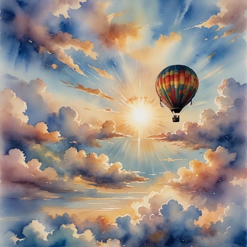 Solo Balloon Flight over Atlantic Ocean in Watercolor