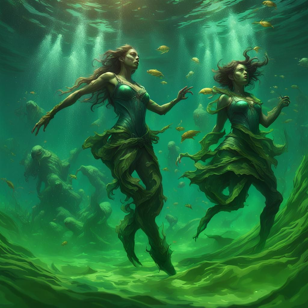 Underwater Sirens in Murky Green Water