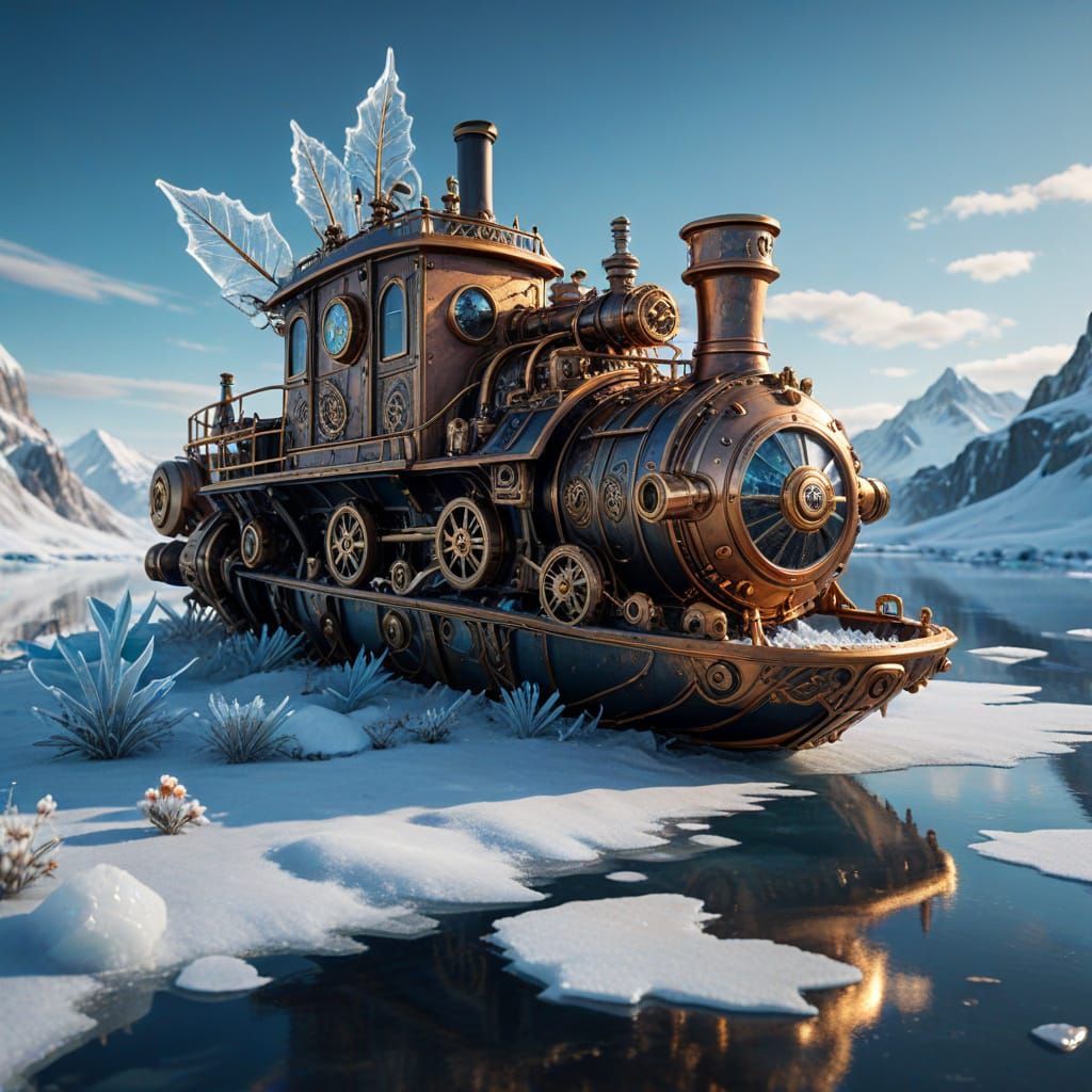 Steampunk Boat on Frozen River with Ice Flowers