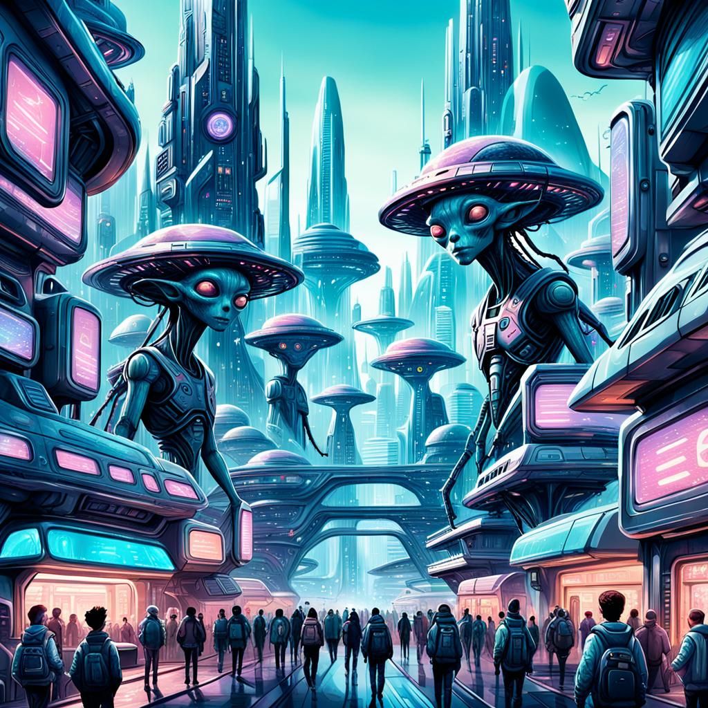 Detailed Pastel Illustration of Alien People in City