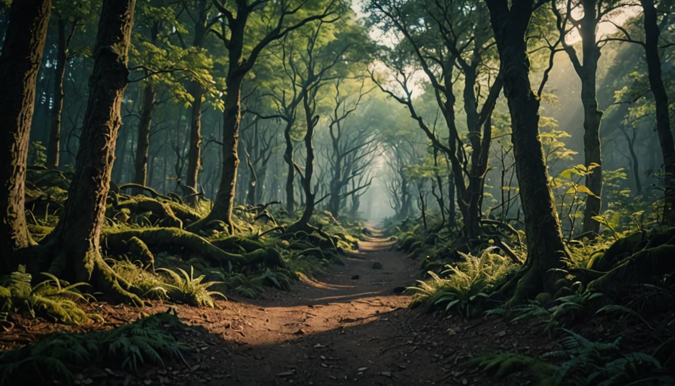 Mysterious Path in Enchanted Forest: Cinematic Film Still