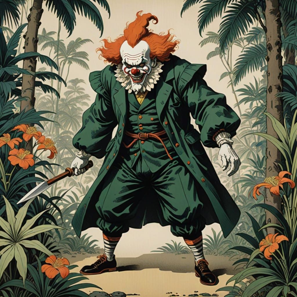 Cyberpunk-Style Dancing Clown in Vibrant Tropical Landscape