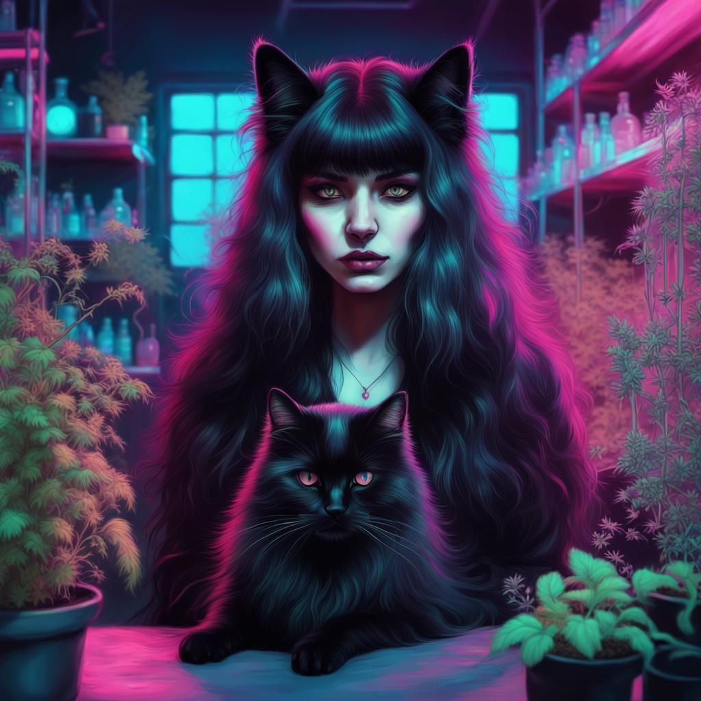 Ethereal Gothic Witch with Black Cat in Neon Lab