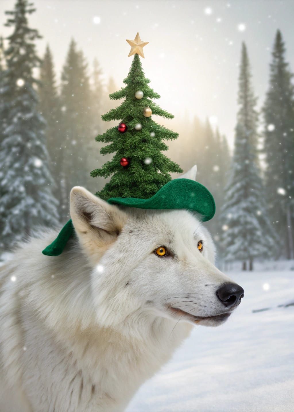 Wolf with Christmas Tree Hat in Winter Forest