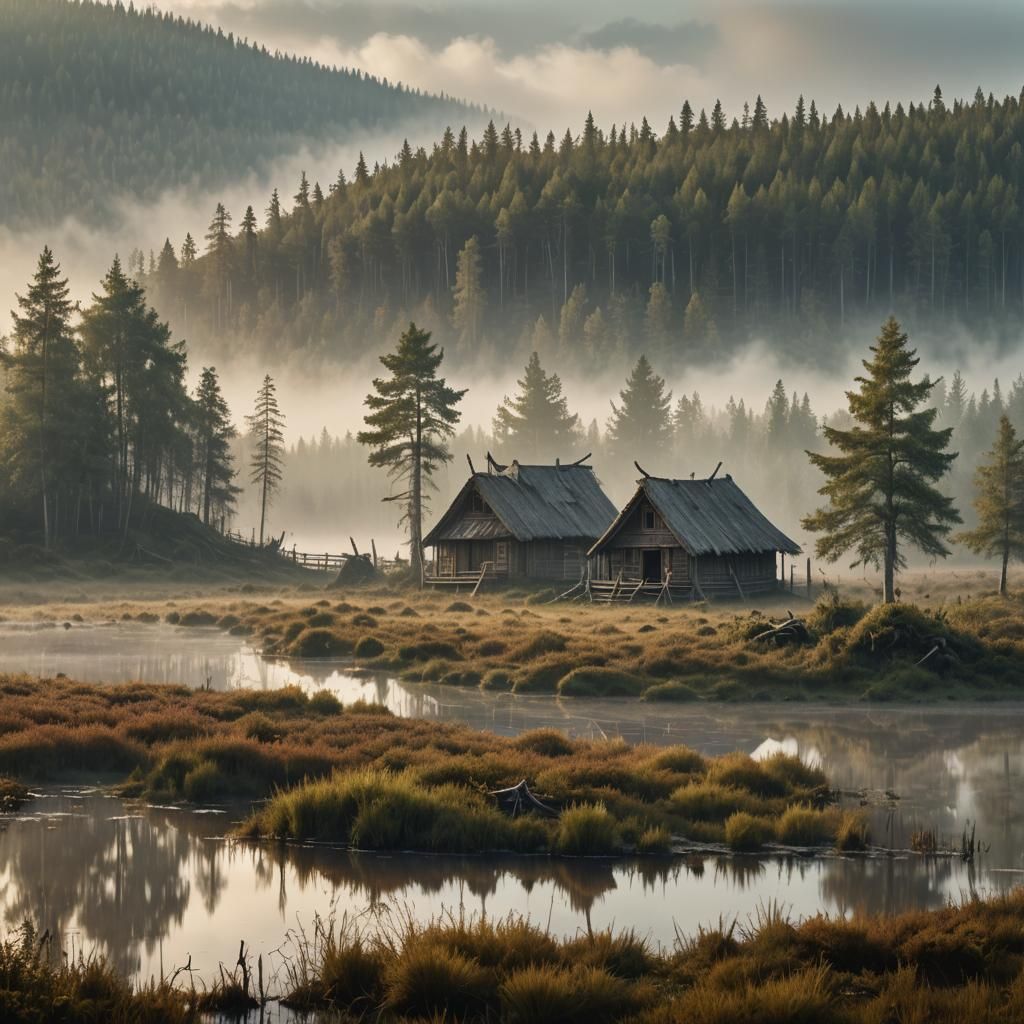 Misty Forest Huts in Fantasy Concept Art