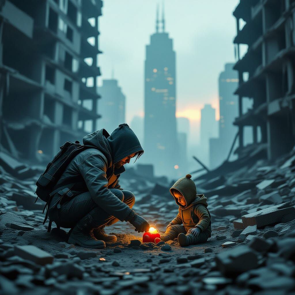 Scavenger Finds Toy in Ruined City
