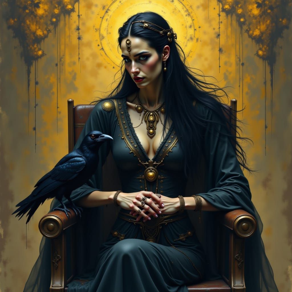 Raven and Egyptian Priestess on Throne