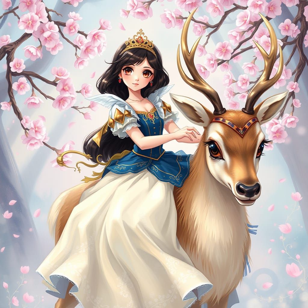 Victorian Deer Princess in Whimsical Cherry Blossom Landscap...