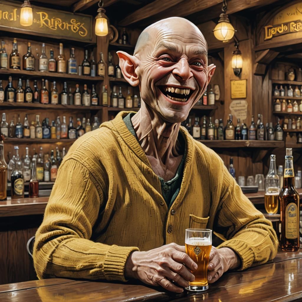 Laughing Smeagol in Yellow Sweater at Bar