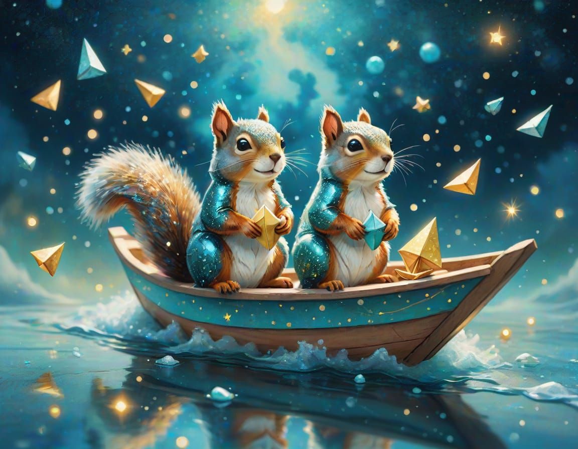 Squirrel Family Sailing Stardust River: Watercolor Astral Ar...