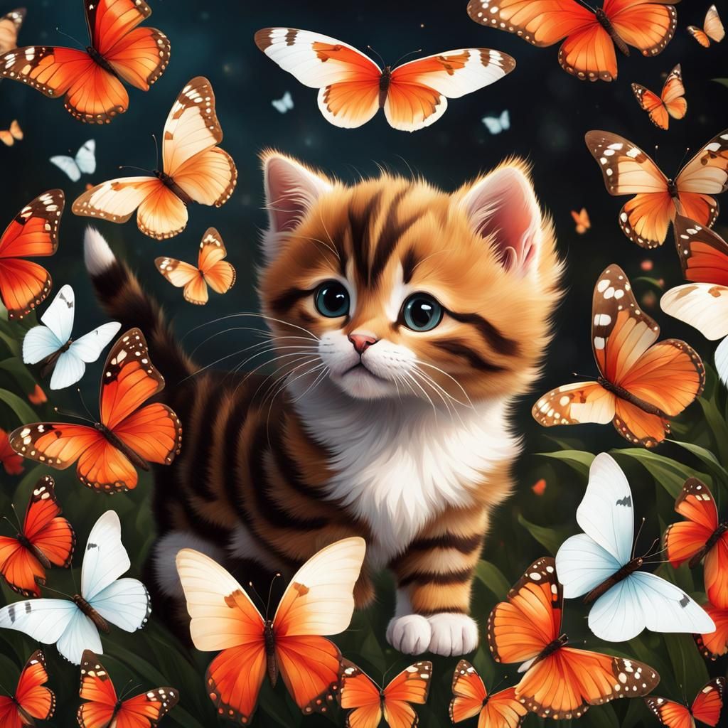 Kitten Playing with Butterflies