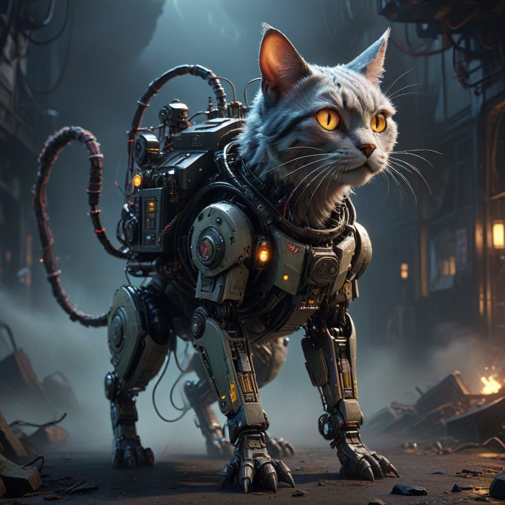 Ethereal Robot Cat Illuminated in Neon Fog