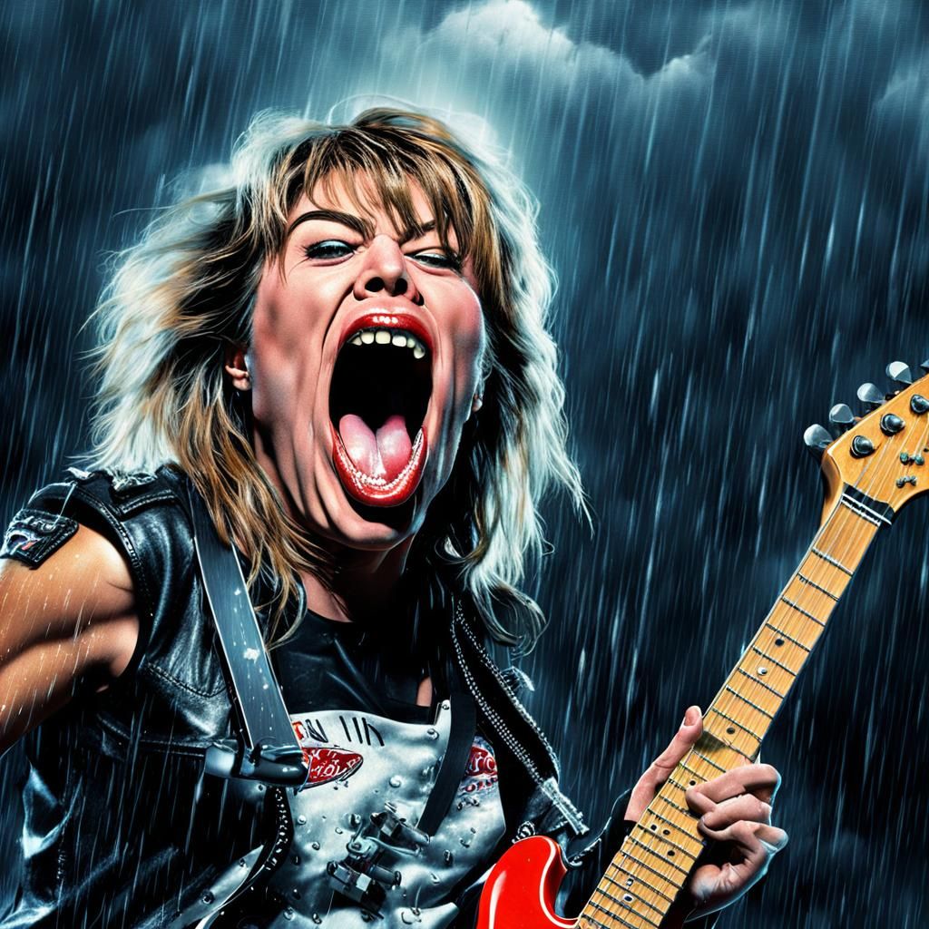"Create a hyper-realistic image with "Suzy Quatro "as a rocker with an open mouth and tongue out, with an electric guita...