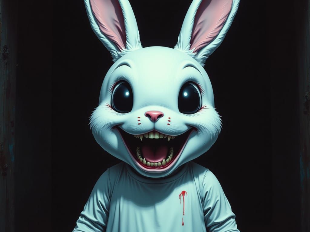 Sinister Bunny with Sharp Teeth on Glitching TV
