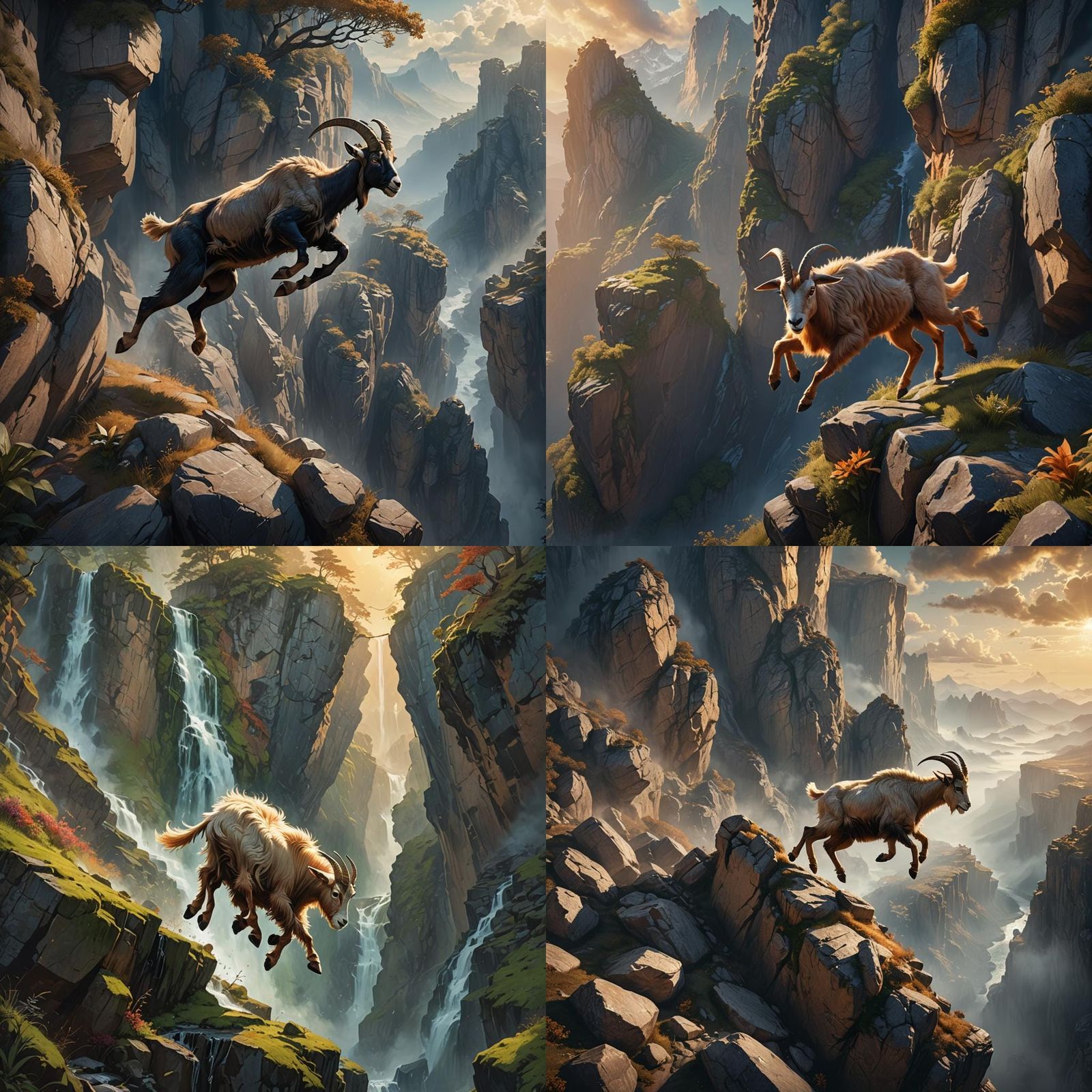 Adventurous Goat Leaping Across Cliffs in Matte Painting