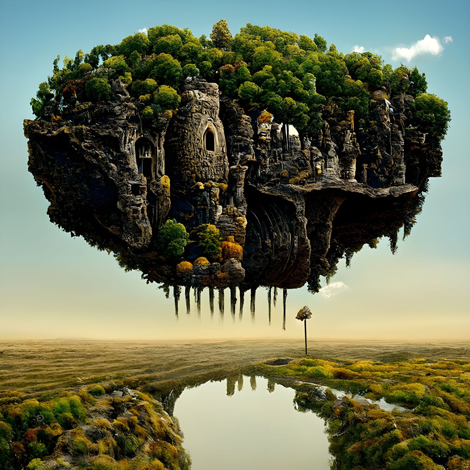 Surreal Floating Rock Forest Landscape