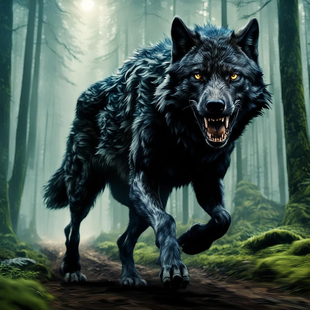 Black Wolf Running Through Forest: Cinematic Digital Paintin...