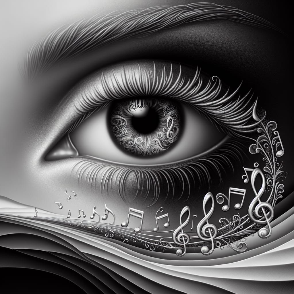 Monochrome Iris with Musical Notes in Maximalist Style