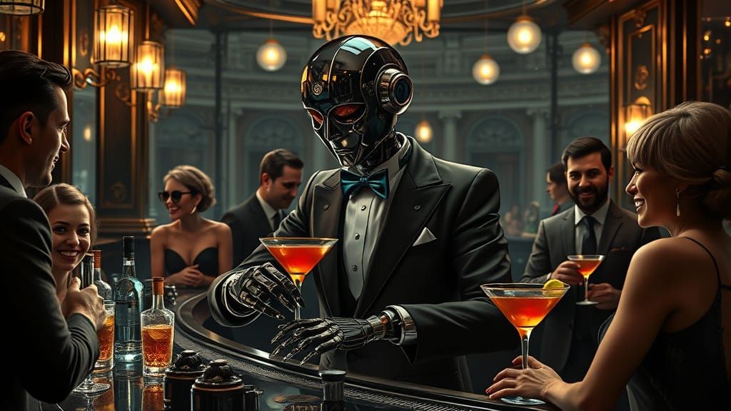 Art Deco Robot Bartender in Speakeasy, Hyperrealistic Digita...