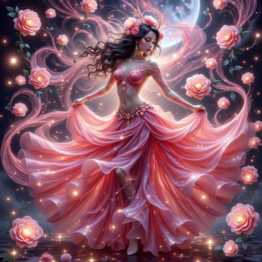 Korean Dancer Amidst Luminous Holographic Roses
