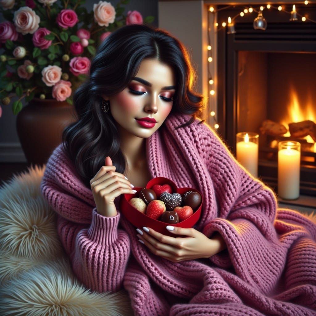 Romantic Airbrush Oil Painting of a Woman by the Fireplace
