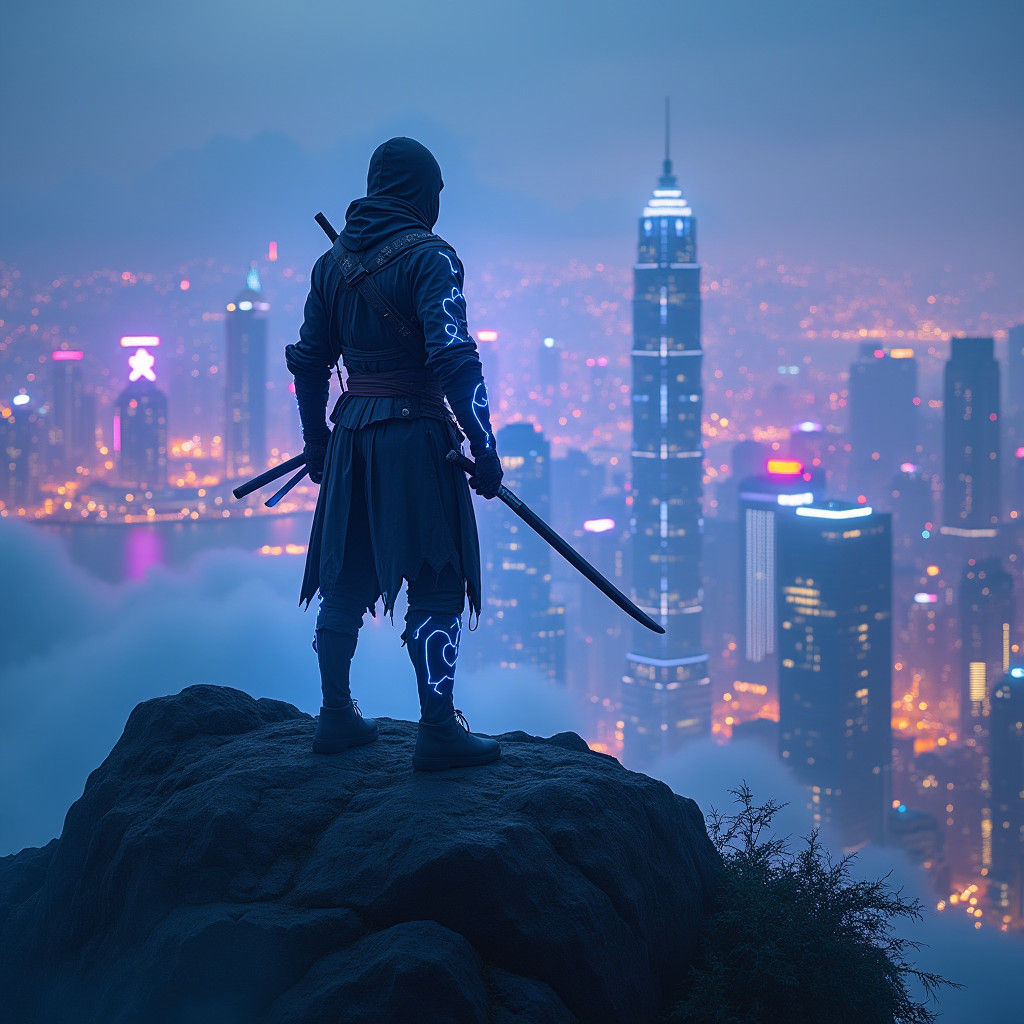 Ninja Overlooking Neon Hong Kong in Unreal Engine Style