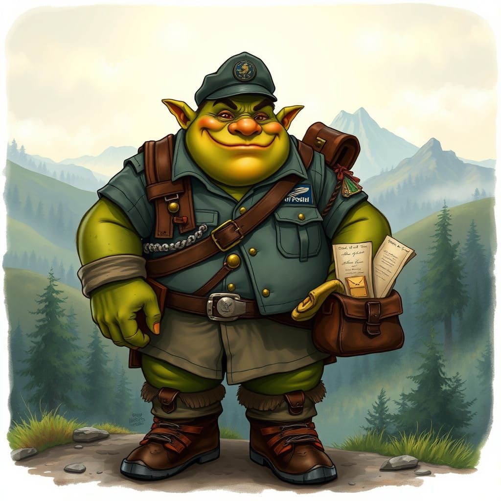 Fantasy Postal Worker: Rotund Orc in Whimsical Fantasy Setti...