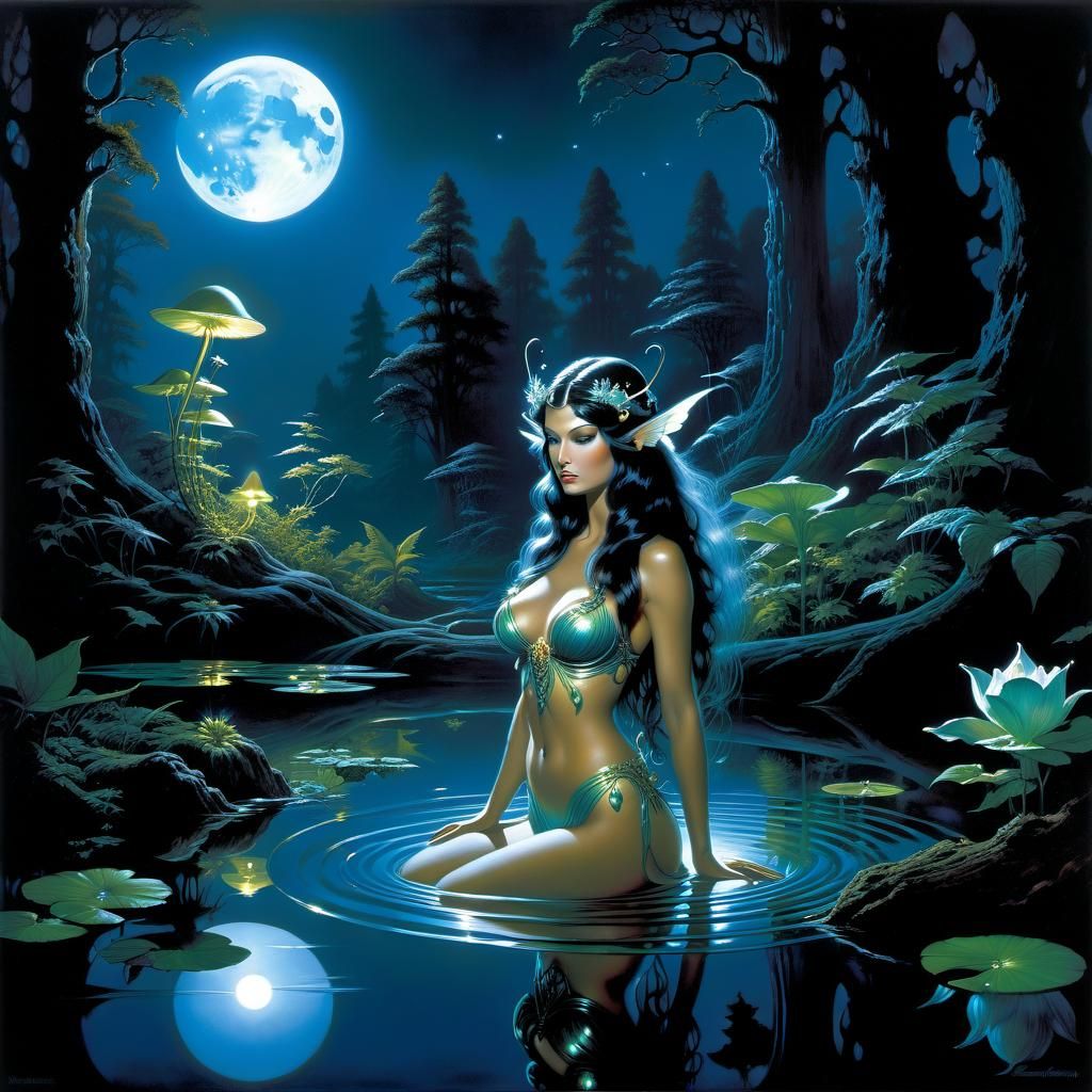 Bioluminescent Fairy Goddess in Forest Pond