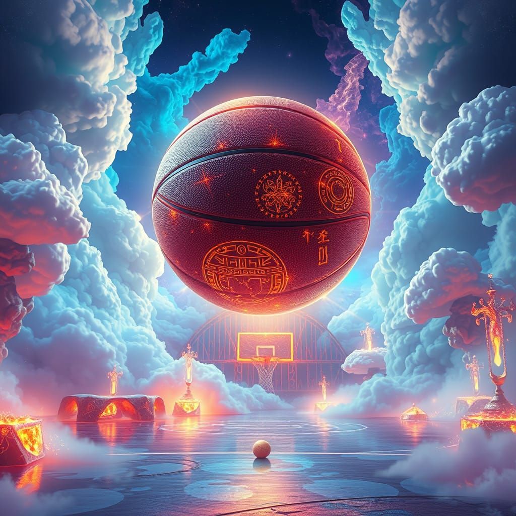 Glowing Basketball Hovers Above Ethereal Court in Fantasy Re...
