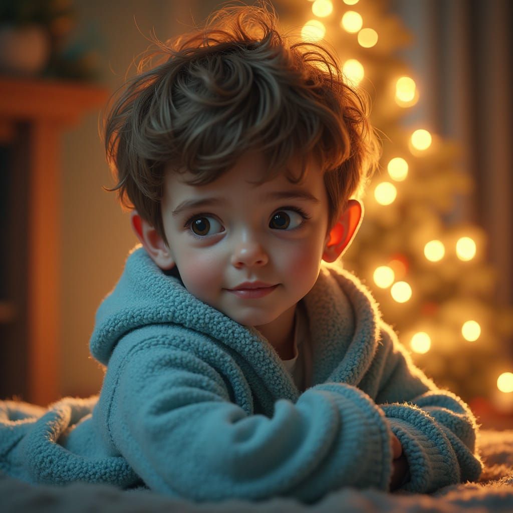 Fantastical Christmas Boy in Soft Blue Dressing Gown