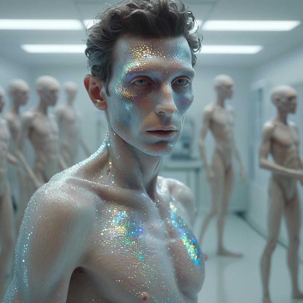 Iridescent Humanoid in Surreal Laboratory, Digital Portrait