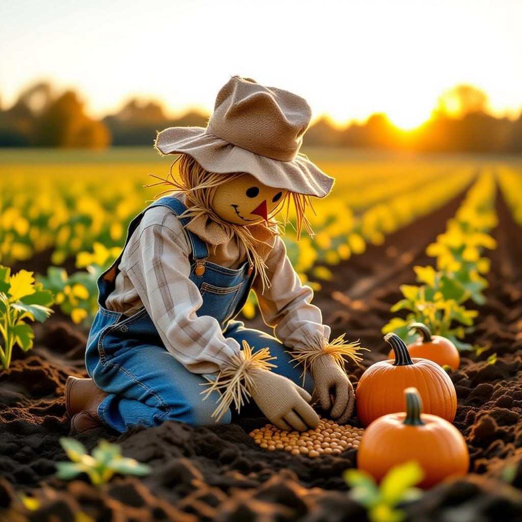 Whimsical Scarecrow Plants Pumpkin Seeds in Autumn Field