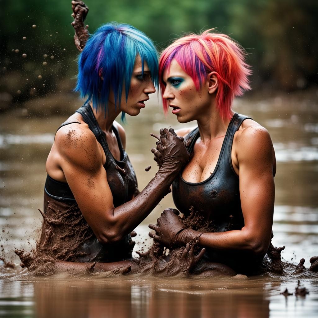 Colorful Emo Girls Mud Fight: Close-Up Portrait