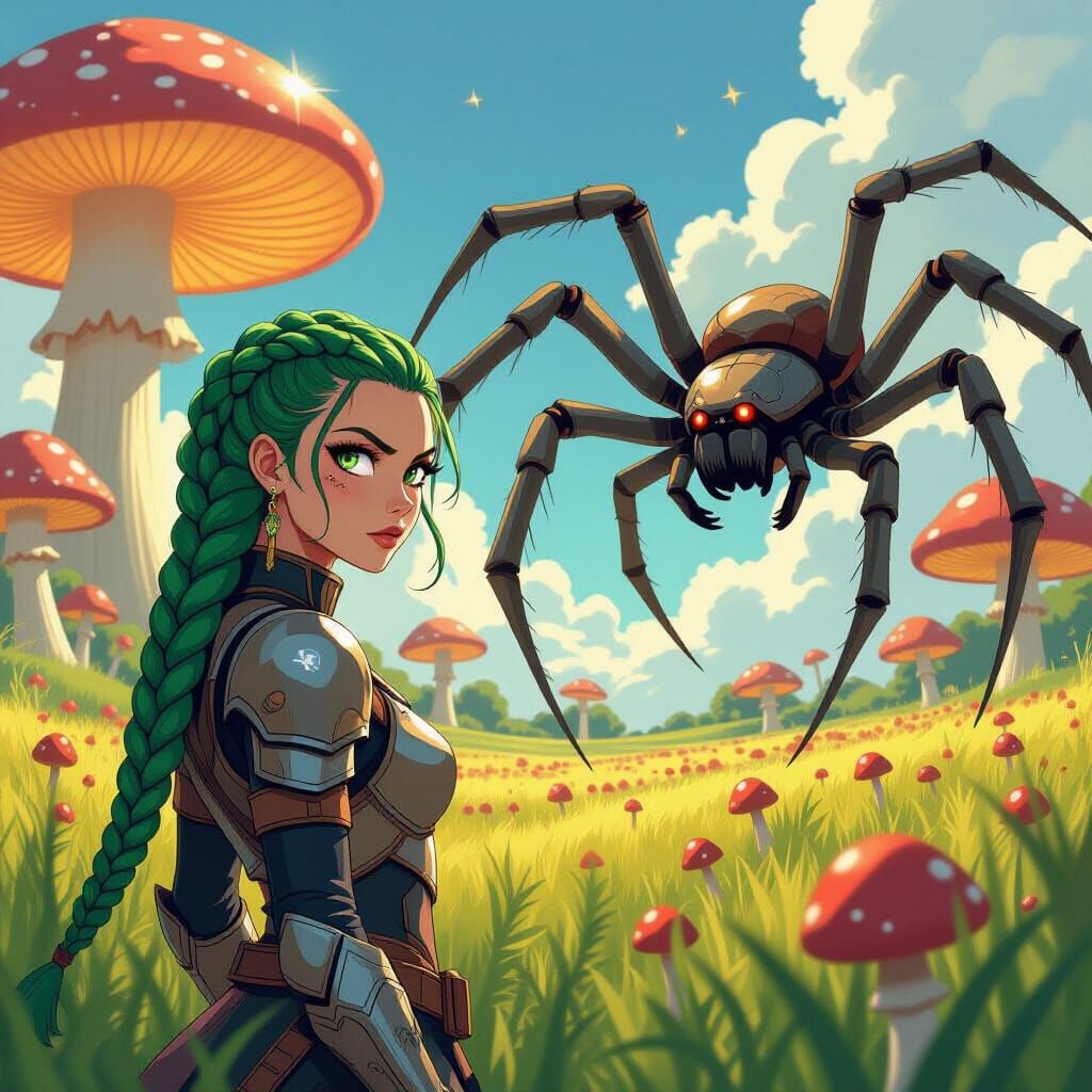 Woman in Mushroom Field: Fantasy Illustration