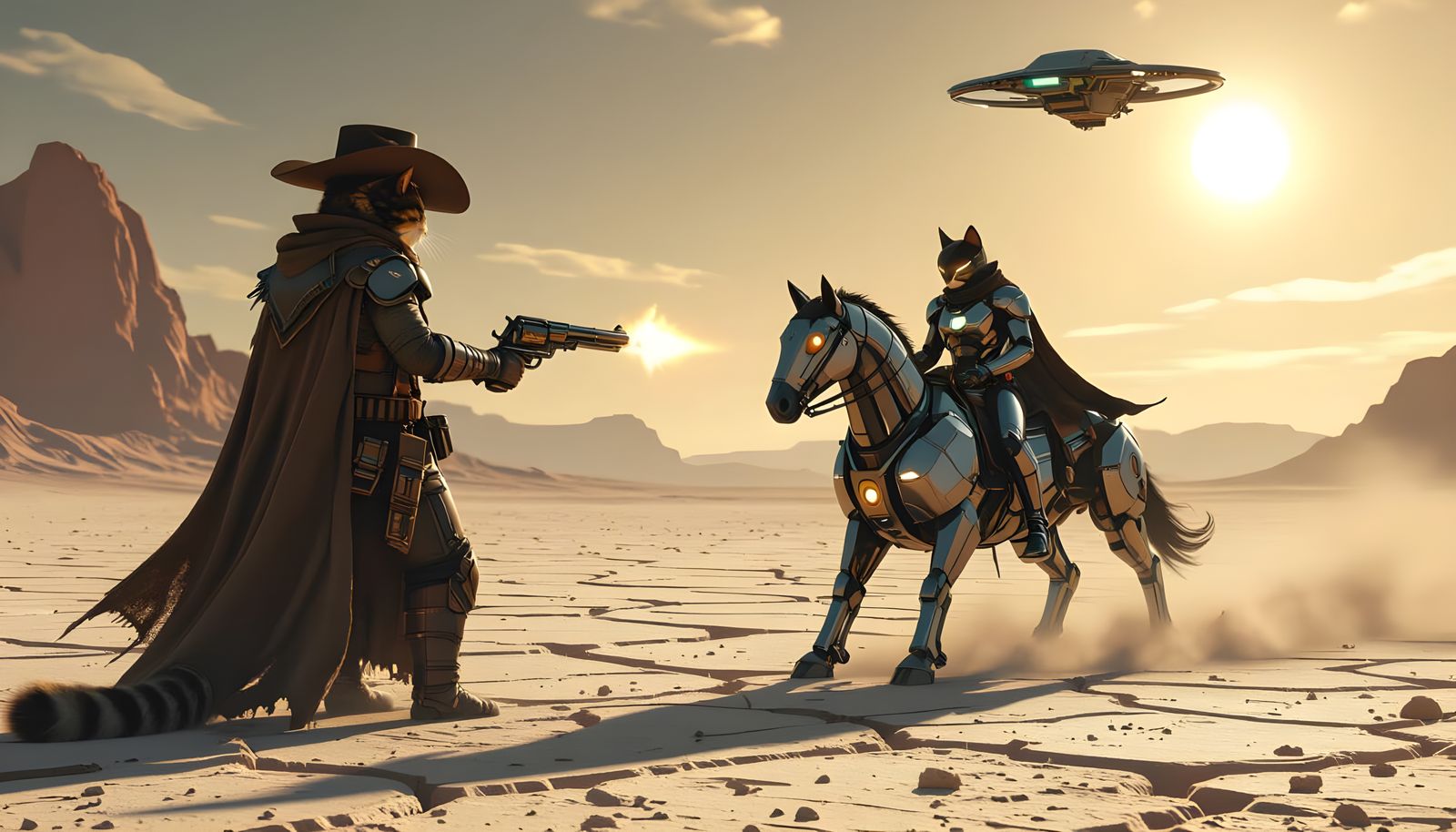 Sci-Fi Western Cat Gunslinger Duel on Lunar Plain