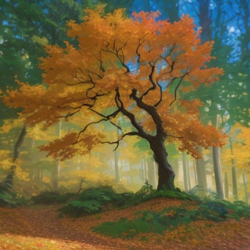 Gauguin Style Autumn Forest Scene with Golden Hour Light