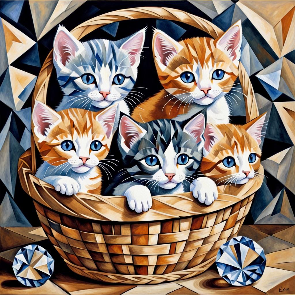 Kittens in Basket: Crystal Cubism Style