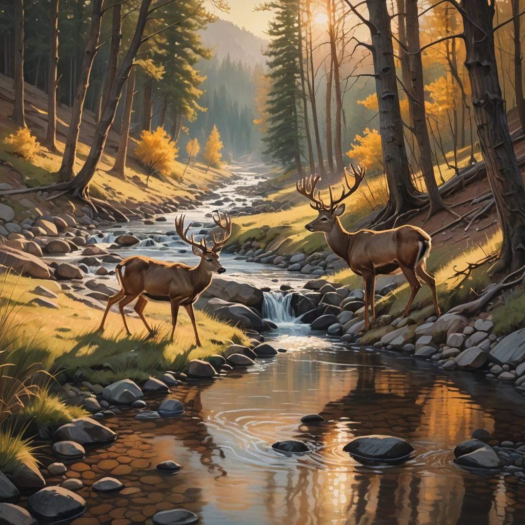 Deer in Golden Sunset Landscape Painting