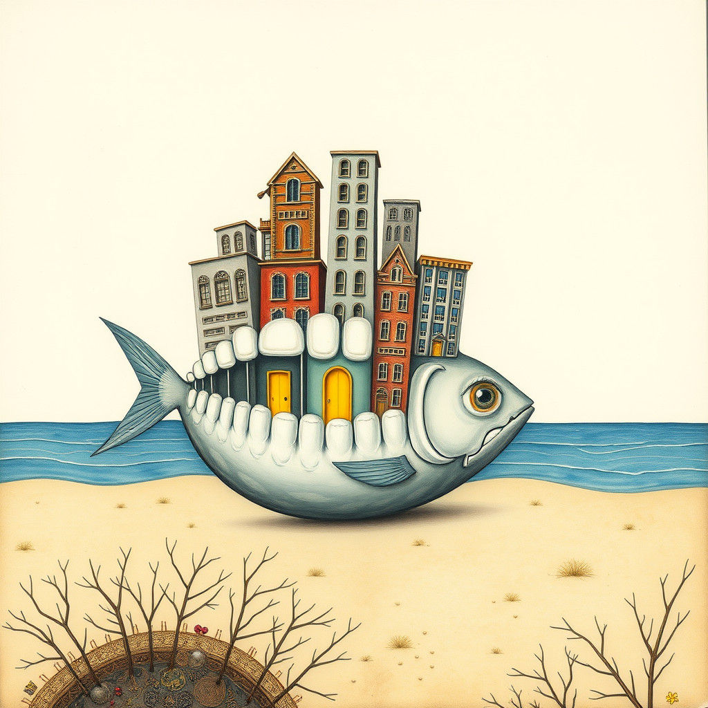 Surreal Landscape: Teeth Buildings and Fish Eyes
