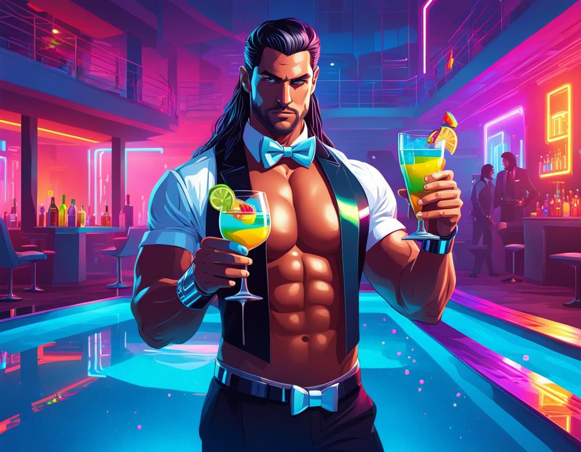 Cyborg Waiter Serving Drinks in Cyberpunk Style