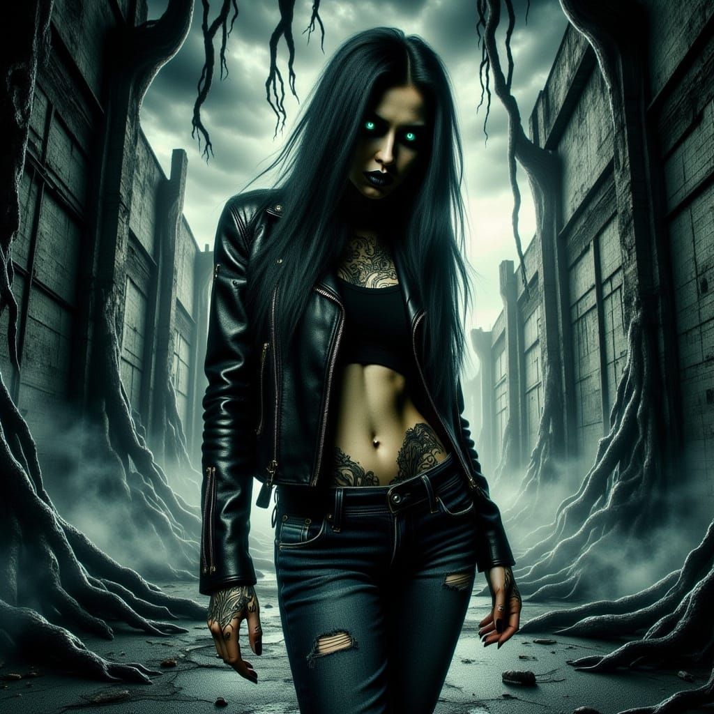 Gothic Woman in Eerie, High-Contrast Cyberpunk Setting