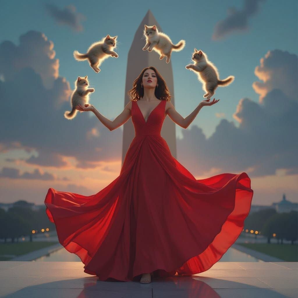 Woman Juggling Kittens Atop Washington Monument in Fantasy S...
