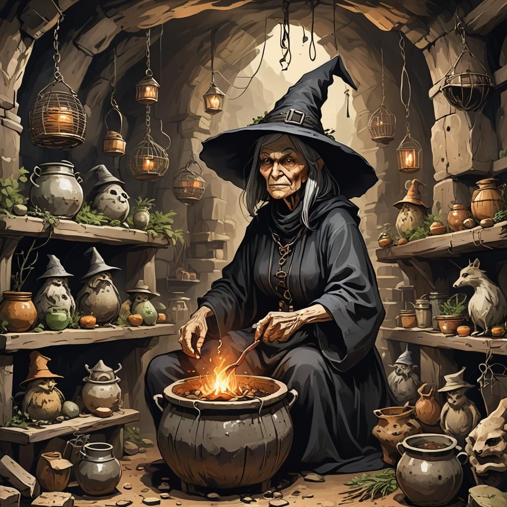 Evil Witch Brews Potion in Cave, Fantasy Art
